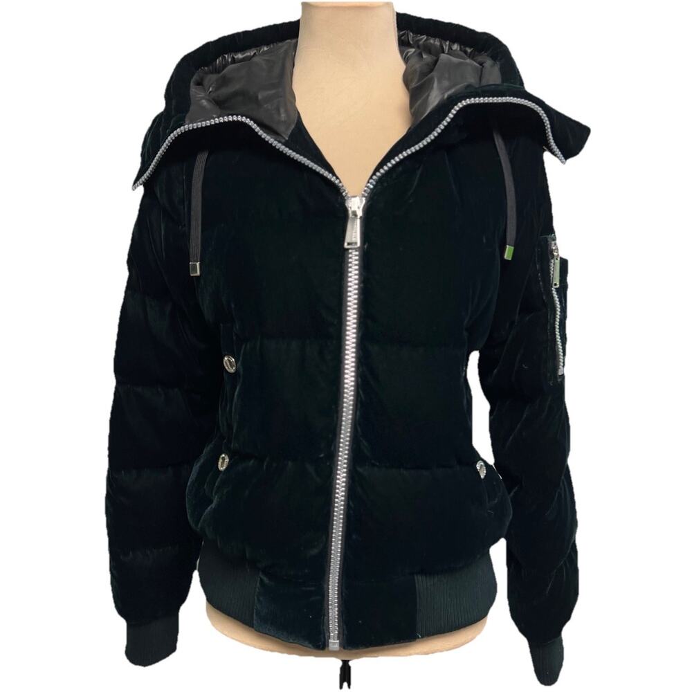 BCBGeneration Women Winter Down Velvet Puffer Coat Outerwear Emerald Green Small
